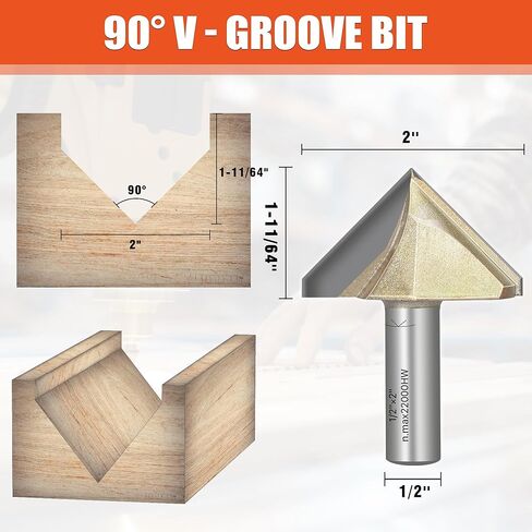 أداة EASEWORK TOOL 90° V-Groove Router Bit، رأس من الكربيد بدرجة احترافية، حز النجارة - ساق 1/2 بوصة × قطر 2 بوصة × عمق القطع 1-11/64 بوصة in Kuwait