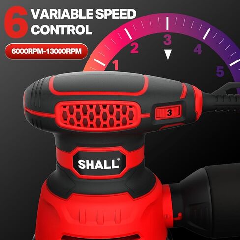 SHALL 5-Inch Random Orbital Sander, 3.2 AMP - 6 variable Speeds - Max 13000 RPM, with 30pcs Sandpaper & Detachable Dust Bag, Sanding for Polishing Woodworking, Refinish Furniture & Remove Varnish in Kuwait