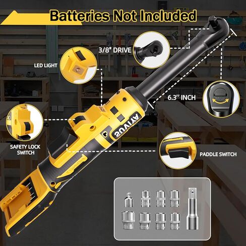 مفتاح ربط بسقاطة لاسلكي مقاس 3/8 بوصة متوافق مع بطاريات Dewalt 20V MAX (بدون بطارية) مفتاح ربط بسقاطة كهربائي ممتد مقاس 6.3 بوصة مع حقيبة LED وحقيبة أدوات و9 مقابس ومحولات وشريط تمديد 3 بوصة in Kuwait