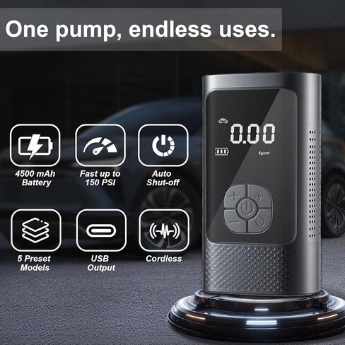 Cordless Tire Inflator Portable Air Pump - Car & Motorcycle Accessories, Dual-Pump, 1s Fast Inflation, 150PSI, Auto-Stop, Pressure Monitor, 5 Modes, LED Light in Kuwait