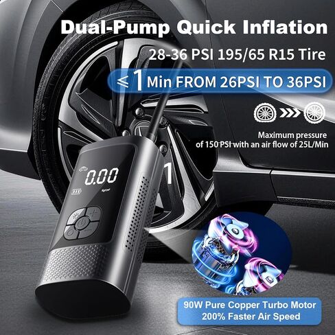 Cordless Tire Inflator Portable Air Pump - Car & Motorcycle Accessories, Dual-Pump, 1s Fast Inflation, 150PSI, Auto-Stop, Pressure Monitor, 5 Modes, LED Light in Kuwait