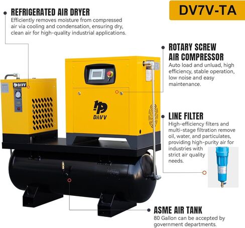 نظام ضاغط الهواء اللولبي الدوار ذو التردد المتغير DAVV PM - 10HP/7.5KW، 39CFM @125PSI، خزان ASME سعة 80 جالونًا مع مجفف مبرد - قاعدة صناعية أحادية أو ثلاثية الطور (208-230 فولت) in Kuwait