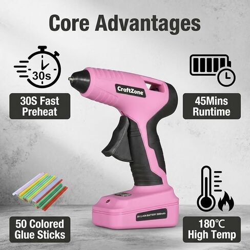 Cordless Hot Glue Gun, 8V Rechargeable Fast Preheating Glue Gun Kit with 50pcs Full Size Glue Sticks, Cordless & Rechargeable Glue Gun with Charger for DIY Art Craft Projects, Pink in Kuwait