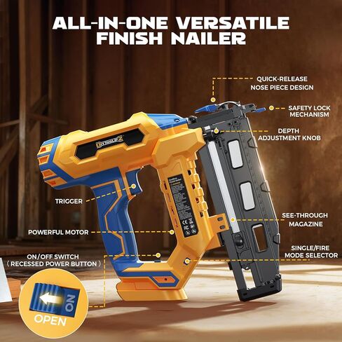 Cordless 16GA Finish Nailer Compatible with Dewalt Battery, 3/4 to 2-1/2 Inch Straight Power Motor Tool 20V,Tool-Free Adjustment, Dual Firing Modes Brad Nail Gun for Finish Work, Tool Only, 5.7LBS in Kuwait