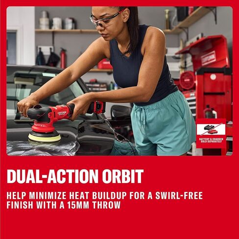 CRAFTSMAN 5 بوصة. ملمع عازل مزدوج الحركة، V20 ملمع مداري لاسلكي بدون فرشاة مع مقبض جانبي، 9 سرعات، ما يصل إلى 6000 OPM، أداة فقط (CMCE150B) in Kuwait