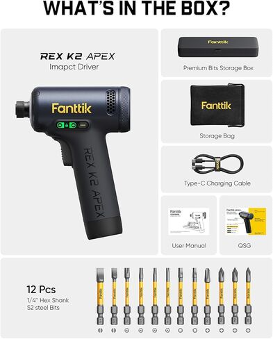 مفك تأثير Fanttik REX K2 APEX، مفك تأثير بدون فرشاة، سداسي 1/4 بوصة، بحد أقصى. عزم الدوران 100 نيوتن متر، الحد الأقصى. 3000 دورة في الدقيقة، بطارية قابلة لإعادة الشحن 3000 مللي أمبير في الساعة، مجموعة أدوات لتجميع الخزانة، مشاريع الأعمال الخشبية التي يمكن in Kuwait