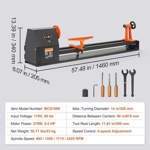 Benchtop Wood Lathe, 14 in x 40 in, 0.5 HP 370W Power Wood Turning Lathe Machine, 4 Speed Adjustable 885/1245/1715/2425 RPM with Chisels Faceplate Plastic Handle Hex Wrench, for Woodworking in Kuwait