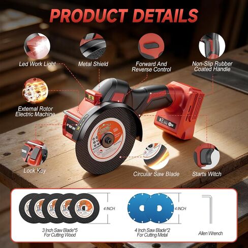 Cordless Cut Off Tool for Mil-waukee 18V Battery, 4" Cut Off Tool 18,000 RPM Brushless Motor with 3 Variable Speed, 7 Blades, Dust Cover, Mini Circular Saw for Cutting Wood, Metal, Plastic(Tool Only) in Saudi Arabia
