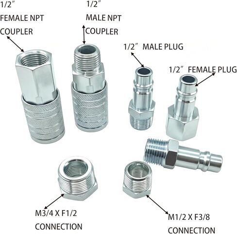 7PCS 1/2 inch NPT Industrial Air Hose Fittings Kit, Includes Male & Female Quick Connect Couplers and Plugs, for Pneumatic Tools, Automotive, Factory Use in Kuwait