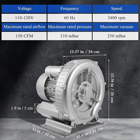 2.4HP Regenerative Blower 110-120V, 1.8KW 150CFM High Pressure Vortex Air Pump, Industrial Vacuum Pump for Sewage Aeration, Fish Pond, CNC Vacuum Table and Pneumatic Conveying, <60dB Low Noise in Kuwait
