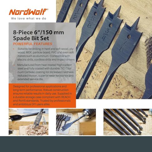 مجموعة رؤوس مثقاب من NordWolf مكونة من 8 قطع، لقم مسطحة مطلية بكربيد التيتانيوم مقاس 6 بوصات مع ساق سداسية مقاس 1/4 بوصة لحفر الخشب، مقاسات SAE من 3/8 بوصة إلى 1-1/2 بوصة في علبة تخزين in Kuwait