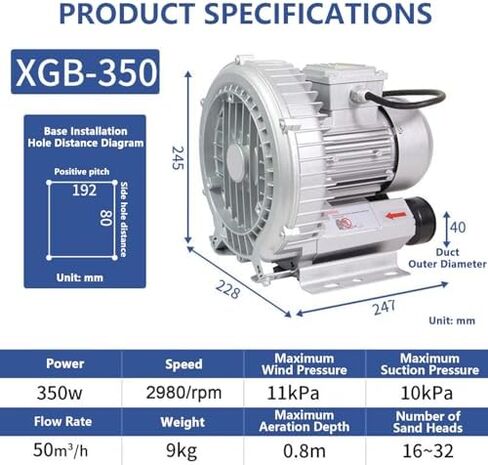 High-Pressure Regenerative Vortex Blower,Regenerative Air Blower, Turbine Blower, Max Air Volume, Dust Filter, Aluminum Housing, Blow-Suck Dual-Purpose，（350w） in Saudi Arabia