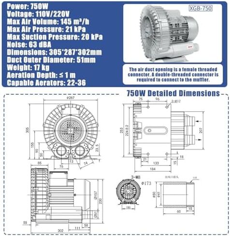 High-Pressure Regenerative Vortex Blower,Regenerative Blower Industrial Vacuum Pump for Sewage Aeration Aquarium Hydroponics and Aquaculture Applications，（750w） in Saudi Arabia