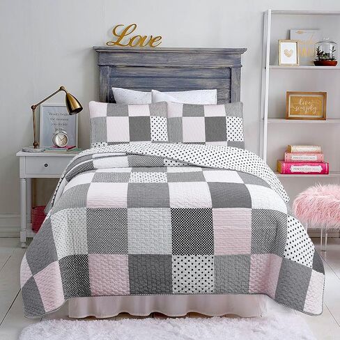 طقم لحاف سرير قابل للعكس من القطن بنسبة 100% من Cozy Line Home Fashions باللون الوردي، وغطاء، ومفرش سرير (Greta Pastel، مزدوج - قطعتان: 1 لحاف + 1 غطاء) in Kuwait