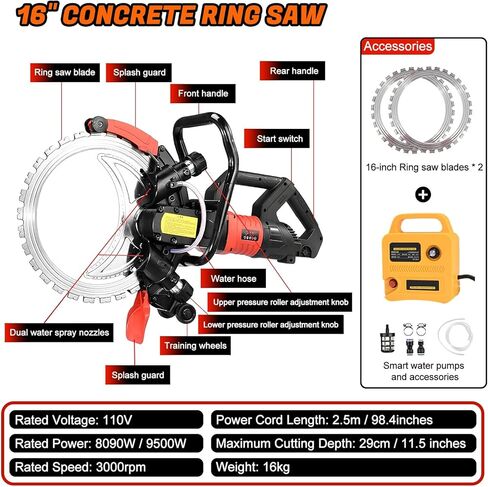 16" Concrete Ring Saw, 9500W Toroidal Electric Concrete Saw Cutting Machine, Wet Cutting System, Max Cutting Depth 11.8" Electric Ring Cutter For Brick, Concrete, Marble And Rebar(9500W) in Saudi Arabia