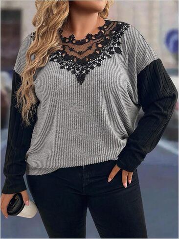 BEAUDRM Women's Plus Size Lace Sweatshirts Color Block Long Sleeve Crewneck Pullover Tops in Saudi Arabia