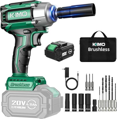KIMO Impact Wrench 1/2 Cordless, 1200N.m (900ft-lbs), 4000RPM, 9-Piece Drill & Driver Set, 4Sockets Impact Drill for Car Tires, Safety Lock, 2x4000mAh Battery, Variable Modes Power Smart Impact Wrench in Kuwait