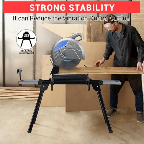 ‌Heavy-Duty Steel Miter Saw Stand – 1-Minute Setup, 440lbs Load & 27lbs Foldable & Portable Design - 76-4/5'' Max Sliding Rail Works with Most Brands, Black in Kuwait