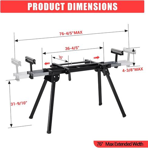 ‌Heavy-Duty Steel Miter Saw Stand – 1-Minute Setup, 440lbs Load & 27lbs Foldable & Portable Design - 76-4/5'' Max Sliding Rail Works with Most Brands, Black in Kuwait