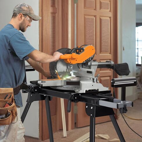 ‌Heavy-Duty Steel Miter Saw Stand – 1-Minute Setup, 440lbs Load & 27lbs Foldable & Portable Design - 76-4/5'' Max Sliding Rail Works with Most Brands, Black in Kuwait