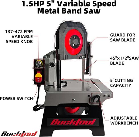 منشار شريطي معدني متغير السرعة من Bucktool، 1.5HP 10A، منشار شريطي يوضع على الطاولة مع تحكم في السرعة 137-472 لقطة في الدقيقة، سعة قطع 5 بوصات، طاولة عمل قابلة للتعديل وطاولة تمديد لقطع المعادن in Kuwait