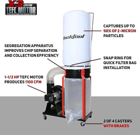 جهاز تجميع الغبار المحمول Bucktool بقوة 1.5 حصان للأعمال الخشبية ونظام استخراج الغبار في ورشة العمل مع حامل متنقل in Kuwait