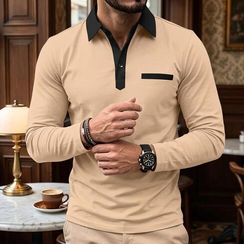 Men's Polo Shirts Long Sleeve Polo T Shirt Classic Casual Golf Shirt with Pocket in Saudi Arabia