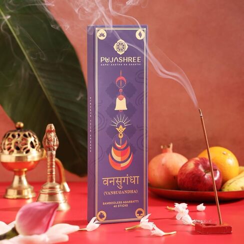 أعواد بخور Pujashree Bambooless Agarbatti 40 قطعة 8 بوصات | أعواد أغارباتي طبيعية 100% خالية من الفحم | حرق طويل الأمد | رائحة خشبية | عطر نيلغاندا (شاندان) in Saudi Arabia