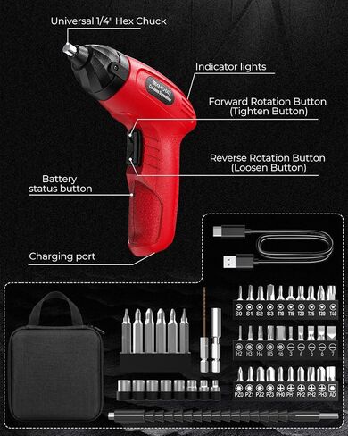3.6V Cordless Screwdriver, 50-Piece Small Electric Screwdriver Set, Rechargeable with 6 N.m Precision Torque, 1.5H Type-C Fast Charging, Power Tool for Furniture Assembly & Home DIY, Red in Kuwait