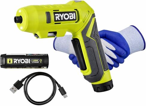RYOBI USB Lithium Pivot Screwdriver Kit 4V Cordless Electric Driver 1/4 in Hex 2.0Ah Battery Charger Cable Gloves FVD50K in Kuwait