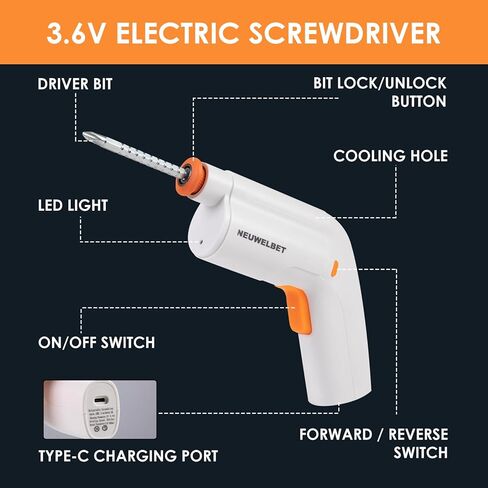 Electric Screwdriver 3.6V, USB Long-lasting Powerful Electric Screwdriver Set, Cordless Drill with LED Light, 14 PCS Driver Bit(White) in Kuwait