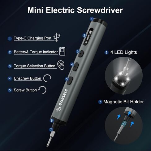 STREBITO Mini Electric Screwdriver, 78 IN 1 Cordless Screwdriver Set with 72 S2 Bits, 5-Gear Torque Adjustment, Digital Display Screen, Repair Tool Kit for Phone, Watch, Laptop, Camera in Kuwait
