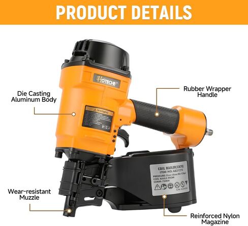 Hoteche Coil Siding Nailer، مسدس انحياز هوائي احترافي للأظافر 50-70 مم، مجلة ذات سعة عالية 300 مسمار، مسمار تثبيت للأسقف والمبارزة الصناعية، ضغط عمل 70-120 رطل لكل بوصة مربعة in Kuwait