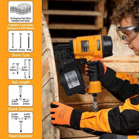 Hoteche Coil Siding Nailer، مسدس انحياز هوائي احترافي للأظافر 50-70 مم، مجلة ذات سعة عالية 300 مسمار، مسمار تثبيت للأسقف والمبارزة الصناعية، ضغط عمل 70-120 رطل لكل بوصة مربعة in Kuwait