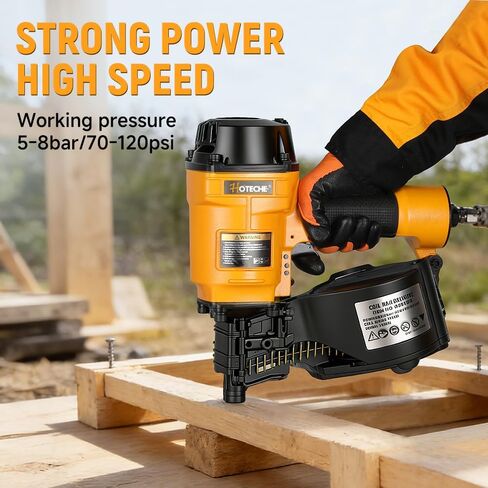 Hoteche Coil Siding Nailer، مسدس انحياز هوائي احترافي للأظافر 50-70 مم، مجلة ذات سعة عالية 300 مسمار، مسمار تثبيت للأسقف والمبارزة الصناعية، ضغط عمل 70-120 رطل لكل بوصة مربعة in Kuwait