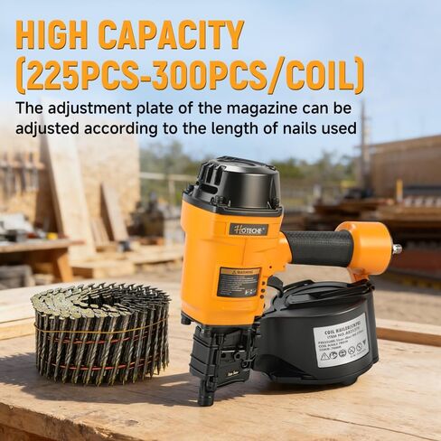 Hoteche Coil Siding Nailer، مسدس انحياز هوائي احترافي للأظافر 50-70 مم، مجلة ذات سعة عالية 300 مسمار، مسمار تثبيت للأسقف والمبارزة الصناعية، ضغط عمل 70-120 رطل لكل بوصة مربعة in Kuwait