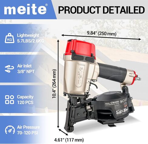 meite Roofing Nail Gun CN45R Coil Roofing Nailer and meite Coil Roofing Nails 1-Inch x .120-Inch Electro Galvanized 15 Degree Full Round Head Coil Nails for Roofing Nailer in Kuwait