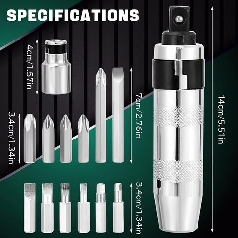 DASBET 13PCS 1/2" Drive Manual Impact Driver Set | Hand Impact Driver Extractor Tool Reversible Hand Screwdriver Set with Slotted, Phillips & Hex Bits for Tighten/Removing Rusted Fasteners in Kuwait
