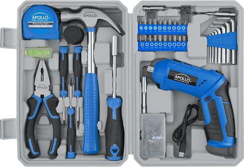 Apollo Tools 81-Piece Home Tool Set with 3.6V Li-Ion USB Cordless Screwdriver, Rotating Handle, LED Light, Hand Tools & Picture Hanging Kit – Compact Household Repair & DIY Kit, Blue/Gray DT2020 in Kuwait
