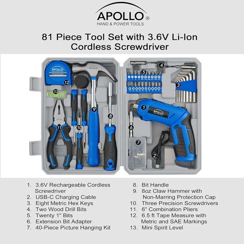 Apollo Tools 81-Piece Home Tool Set with 3.6V Li-Ion USB Cordless Screwdriver, Rotating Handle, LED Light, Hand Tools & Picture Hanging Kit – Compact Household Repair & DIY Kit, Blue/Gray DT2020 in Kuwait
