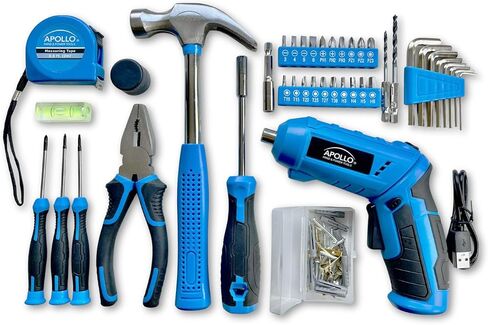 Apollo Tools 81-Piece Home Tool Set with 3.6V Li-Ion USB Cordless Screwdriver, Rotating Handle, LED Light, Hand Tools & Picture Hanging Kit – Compact Household Repair & DIY Kit, Blue/Gray DT2020 in Kuwait