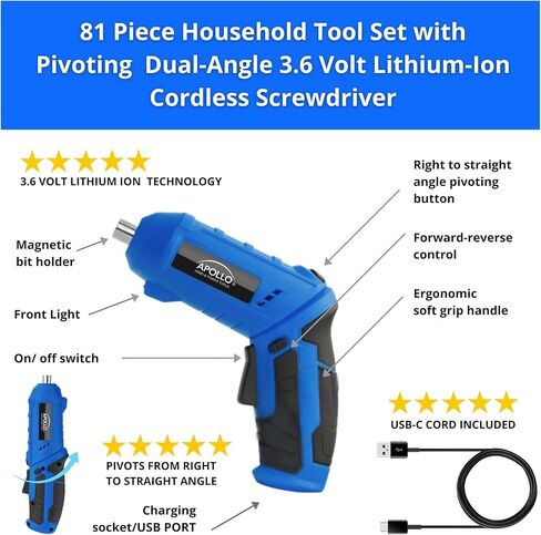 Apollo Tools 81-Piece Home Tool Set with 3.6V Li-Ion USB Cordless Screwdriver, Rotating Handle, LED Light, Hand Tools & Picture Hanging Kit – Compact Household Repair & DIY Kit, Blue/Gray DT2020 in Kuwait