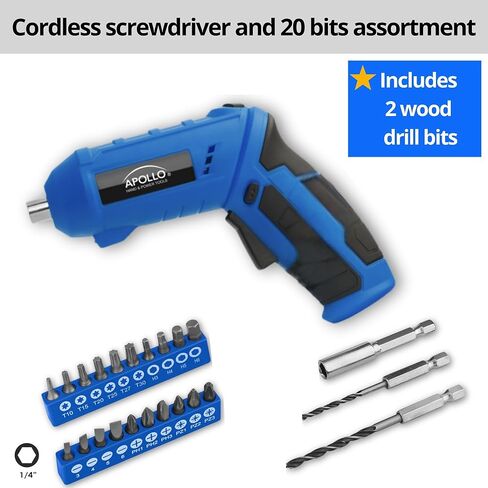 Apollo Tools 81-Piece Home Tool Set with 3.6V Li-Ion USB Cordless Screwdriver, Rotating Handle, LED Light, Hand Tools & Picture Hanging Kit – Compact Household Repair & DIY Kit, Blue/Gray DT2020 in Kuwait
