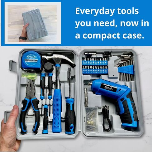 Apollo Tools 81-Piece Home Tool Set with 3.6V Li-Ion USB Cordless Screwdriver, Rotating Handle, LED Light, Hand Tools & Picture Hanging Kit – Compact Household Repair & DIY Kit, Blue/Gray DT2020 in Kuwait
