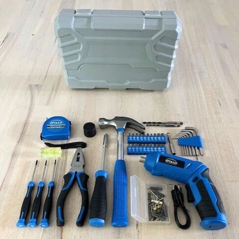 Apollo Tools 81-Piece Home Tool Set with 3.6V Li-Ion USB Cordless Screwdriver, Rotating Handle, LED Light, Hand Tools & Picture Hanging Kit – Compact Household Repair & DIY Kit, Blue/Gray DT2020 in Kuwait