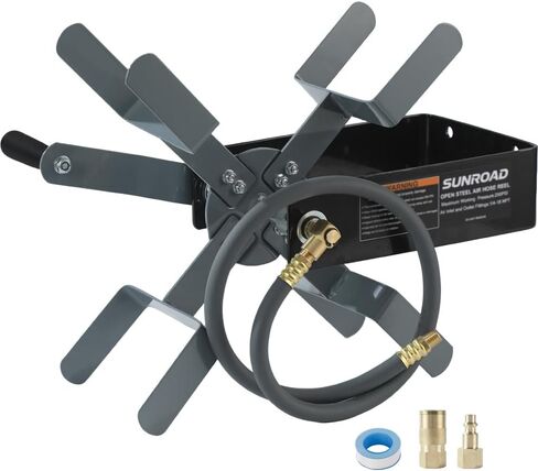 Manual Air Hose Reel with Hybrid Lead-in Hose, Heavy Duty Steel Wall Mount Hose Reel, Fits 100ft x 3/8" Hose, Hand Crank Hose Reel with 1/4" NPT 6-Ball Coupler, Brass Plug & Thread Seal Tape in Kuwait
