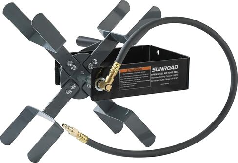 Manual Air Hose Reel with Hybrid Lead-in Hose, Heavy Duty Steel Wall Mount Hose Reel, Fits 100ft x 3/8" Hose, Hand Crank Hose Reel with 1/4" NPT 6-Ball Coupler, Brass Plug & Thread Seal Tape in Kuwait