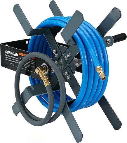 Manual Air Hose Reel with Hybrid Lead-in Hose, Heavy Duty Steel Wall Mount Hose Reel, Fits 100ft x 3/8" Hose, Hand Crank Hose Reel with 1/4" NPT 6-Ball Coupler, Brass Plug & Thread Seal Tape in Kuwait