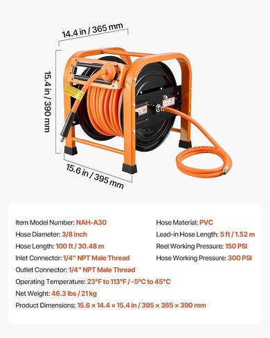 بكرة خرطوم هواء قابلة للسحب من VEVOR، خرطوم هواء بولي كلوريد الفينيل مقاس 3/8 بوصة × 100 قدم بحد أقصى 300 رطل لكل بوصة مربعة، بكرة خراطيم ضاغط الهواء ذات الترجيع التلقائي مع 5 أقدام من الرصاص، بكرة فولاذية متينة محمولة قائمة بذاتها لورش عمل المرآب in Kuwait