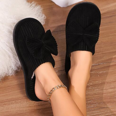 Women's Fleece Lined Slippers with Decorative Bow, Soft Indoor House Shoes, Non-Slip Warm Winter Footwear in Saudi Arabia